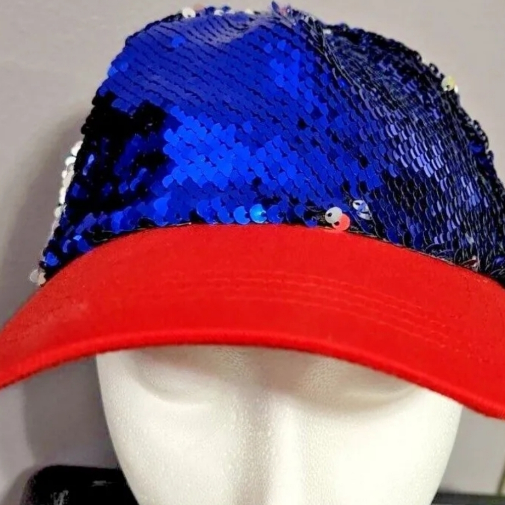 Patriotic Red silver blue Hat Cap,  changes colors, Sequiny